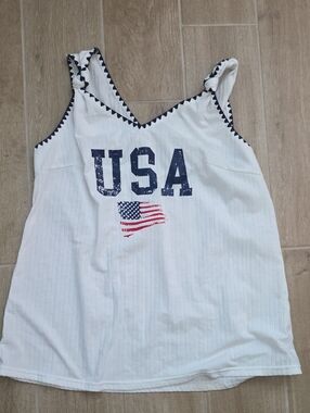 USA Flag White Tank Top with Navy Trim